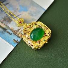 18K Gilding Green chalcedon Jade Sachet Box Pendant Flying Crane Necklace Gift