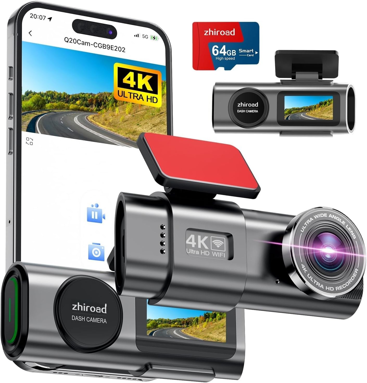 Dash Cam 4K UHD Front Dashcam with 64GB SD Card 2160P Wifi Car Camera,Smart App