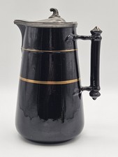 Victorian Jackfield Jet Ware Ceramic Syrup Pitcher Pewter Lid Gilded - VGC