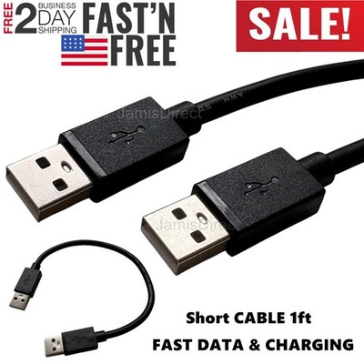 Short USB to USB Cable 1 ft USB 2.0 Type A to Type A Male Data Transfer Cord Lot