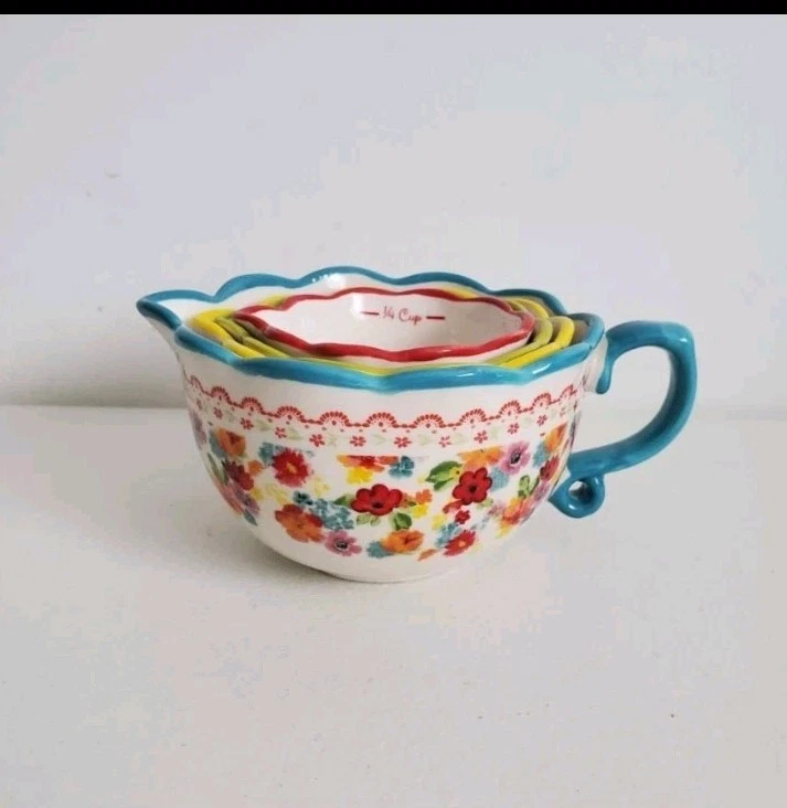 Pioneer Woman Wildflower Whimsy Measuring Nesting Bowls Cups Scalloped Rim Set 4