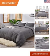 Elegant Dark Gray Seersucker Queen Comforter Set - 3 Piece Luxury Bedding