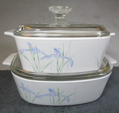 2 schöne große Vintage Corning Ware 2 & 1,5 Liter blaue Iris quadratische Auflaufform