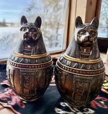 2 EGYPTIAN CAT CANOPIC JAR BASTET STATUE Decor Or Cremation Urn- price for 2