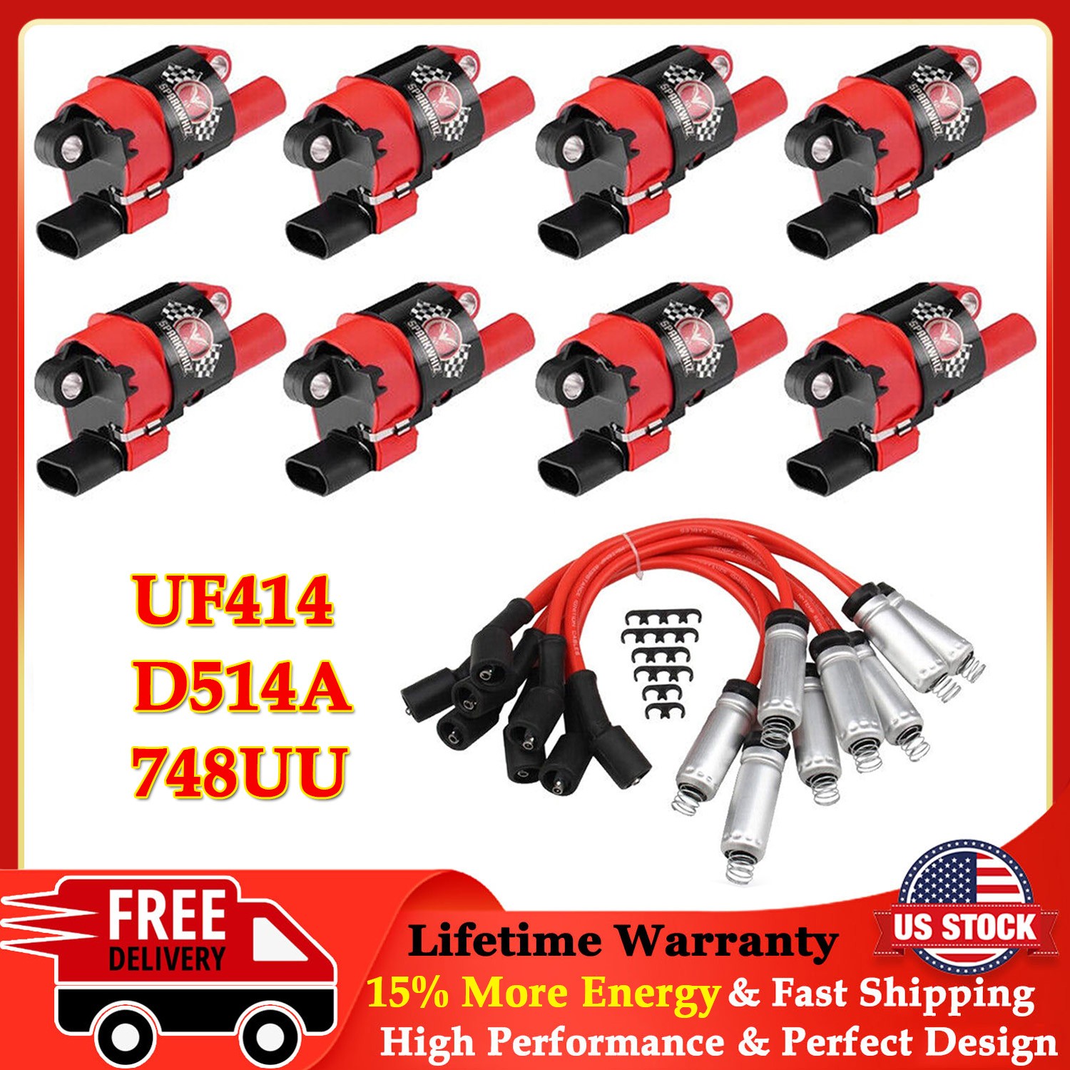 8* UF414 Ignition Coil & Spark Plug Wire set For Chevy Silverado 1500 GMC Tahoe