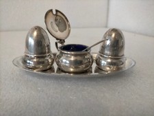 Silver Plated cruet tray mustard & Blue Glass, salt cellar, pepper shaker Spoon