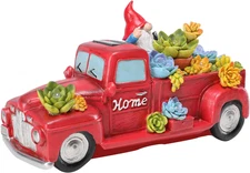 Garden Statue Outdoor Decor, Red Truck Gnome Solar Garden Statues with Succulent