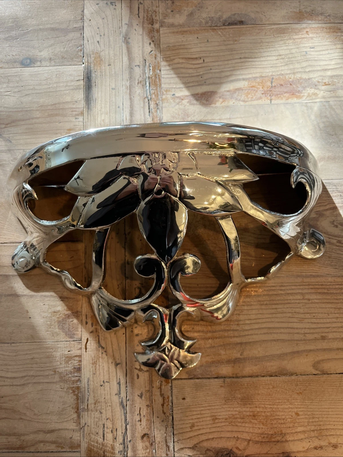 Ornate Floral Silver Plate Cast Metal Floating Wall Shelf India-11”x7”x4.5”