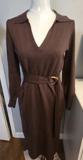 Maia Brown Knit Belted Sweater Dress Midi Long Sleeve V-Neck Women’s Size S