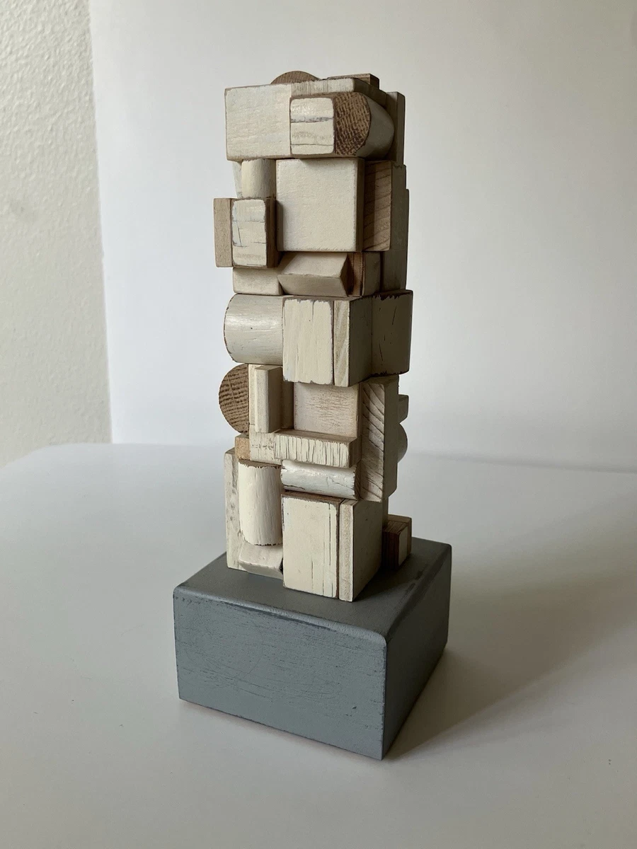 Abstract wood sculpture assemblage 9 1/8 inch art signed brutalist modernist
