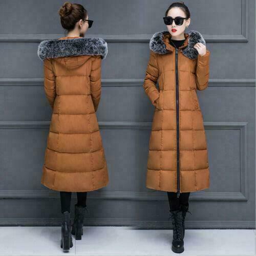 Women's Long Quilted Down Warm Jacket Winter Hooded Puffer Fur Collar Parka Coat - Picture 14 of 23