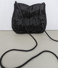 Vintage Beaded Evening Bag Purse Strap Glass Seed Beads Black Elegant 6x6
