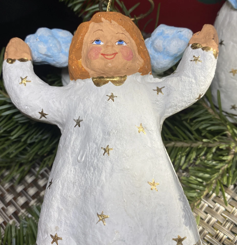 2 Happy Handmade Paper Mache Angels; Hand-Painted, Unsigned Folk Art Cherubs - Image 2 of 4