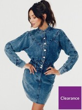 Michelle Keegan Acid Wash Denim Puff Sleeve Dress - Blue UK 8 RRP £53