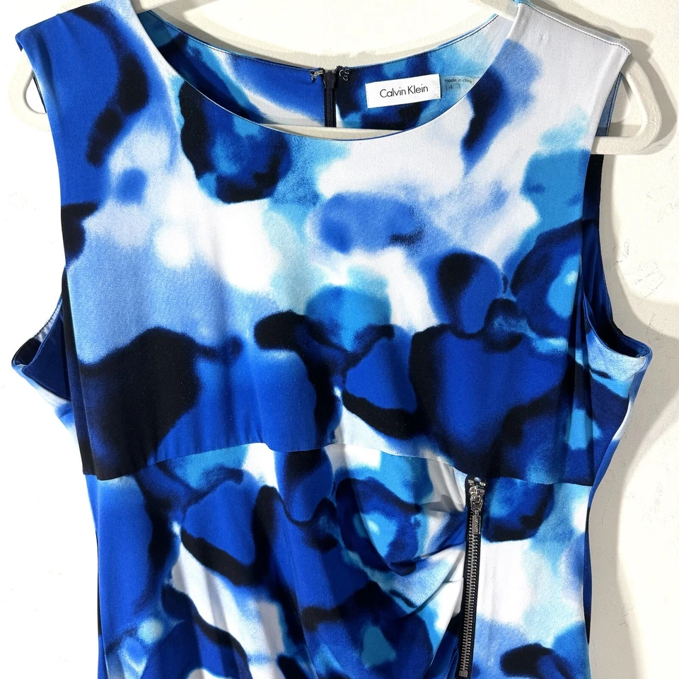 Calvin Klein синий печать собранными в Рюш Джерси вязаное платье Sz 14 без рукавов карьера офиса - Изображение 2 из 4