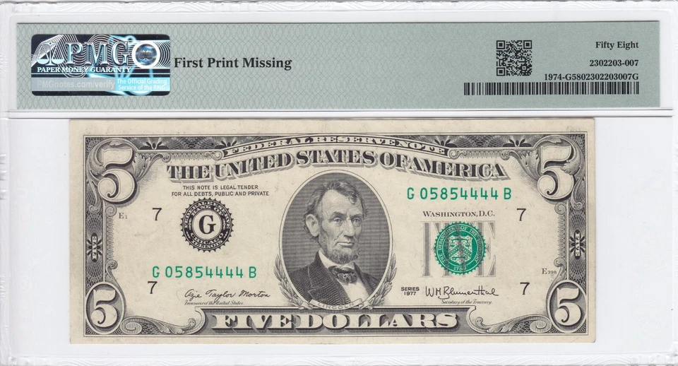 1977 $5 Federal Reserve Note Consecutive Pair 1 Missing First Print Error PMG - Image 4 of 4