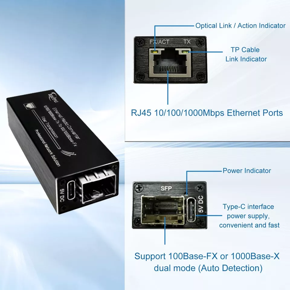 Mini Gigabit Fiber Media Converter 10/100/1000Mbps Ethernet with SFP &SC Module - Image 3 of 4