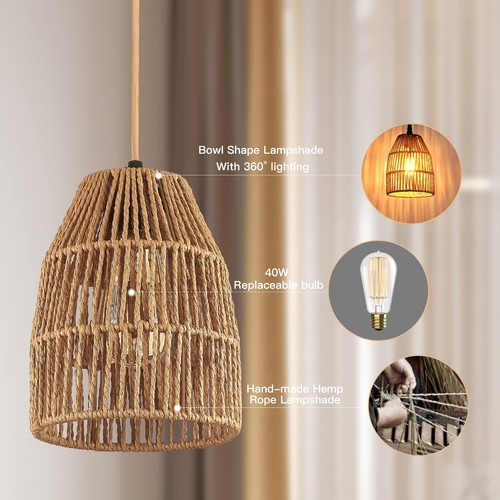 Plug in Pendant Light, Hanging Lights with 15ft Golden Cotton Cord & Stepless... - Picture 3 of 7