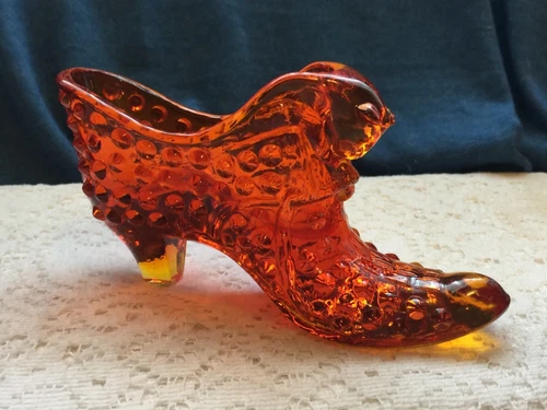 Fenton Hobnail Amber Glass Shoe with Cat Head Art Glass Slipper Vintage