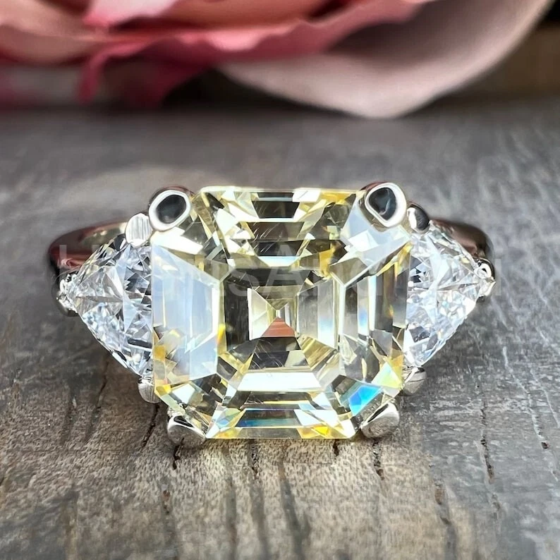 Anillo de oro blanco sólido de 14 k de moissanita de zafiro amarillo natural corte Asscher de 1 quilate Foto 2 de 4