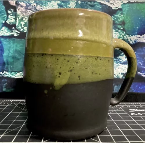 Hand Thrown Studio Art Pottery Mug Artist Signed Unique Green Drip Glaze