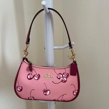 Coach CR290 Teri Shoulder Bag Pink Cherry Print Coated Canvas Leather Outlet