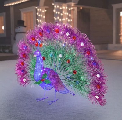 3  Twinkling Peacock LED Decor Holiday Living Light Up Tinsel Christmas Yard Art