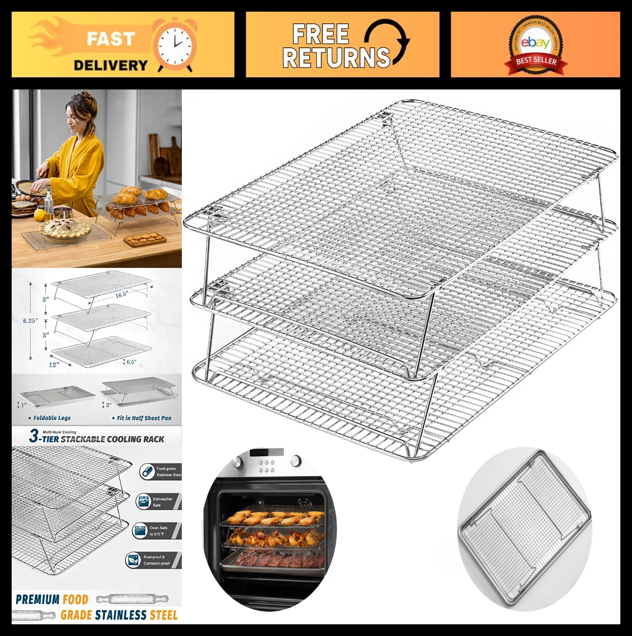 Collapsible 3-Tier Cooling Rack for Baking, Stainless Steel, Stackable 12"x16.5