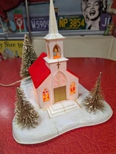 VTG Mid-century 1950s Noma  Illuminated Church Music Box Trees & Base Christmas