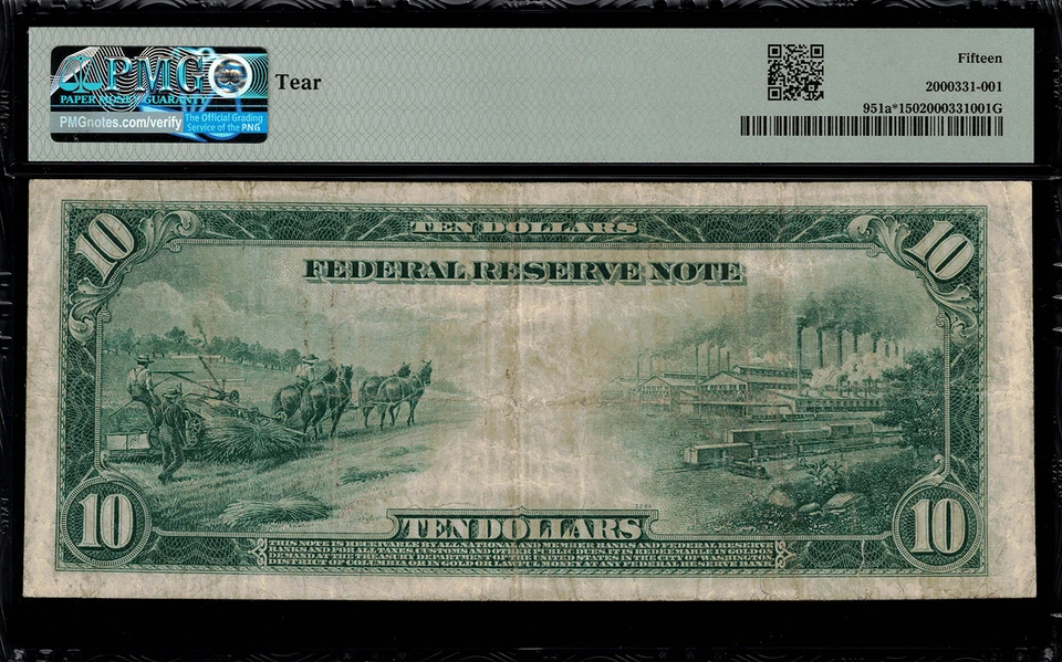 1914 $10 Federal Reserve Note San Francisco FR-951a* STAR NOTE PMG 15 comment - Image 2 of 2