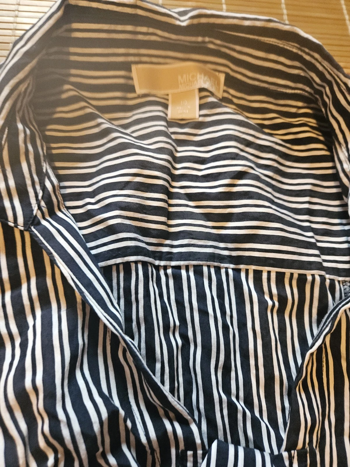 Abito camicia MICHAEL Michael Kors righe cravatta davanti manica lunga scollo a V blu taglia 10
