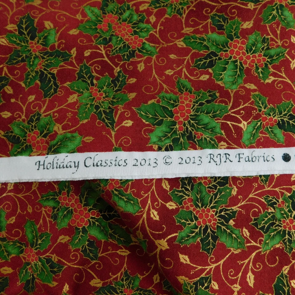 Christmas Cotton Fabric RJR Studio Quilting Red Holly Berries Green Gold 1.27 yd - Image 2 of 4