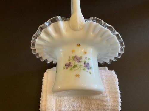 Fenton ? Violets & Stars Glass Silver Crest Ruffled Edge Top Hat Basket 8" H - Picture 8 of 12