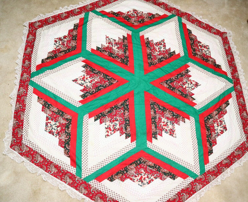 Christmas Themed Quilted Tablecloth Handmade Pieced Round White Lace Trim 80"