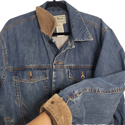 LL Bean Denim Trucker Jacke Herren Large Blau Baumwolle Bomber Feld Cord Besatz - Bild 2 von 9
