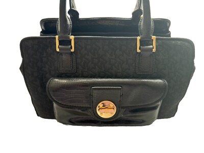 DKNY schwarze Handtasche Monogramm Stoff und Leder goldene Hardware Vintage oberer Griff.