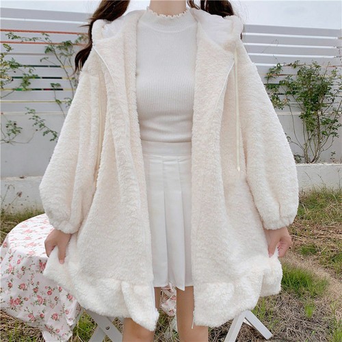 Dame Mädchen Kunstfellmantel Jacke Lolita flauschig Kaninchen Ohr Kapuze Vlies warm süß - Bild 11 von 15