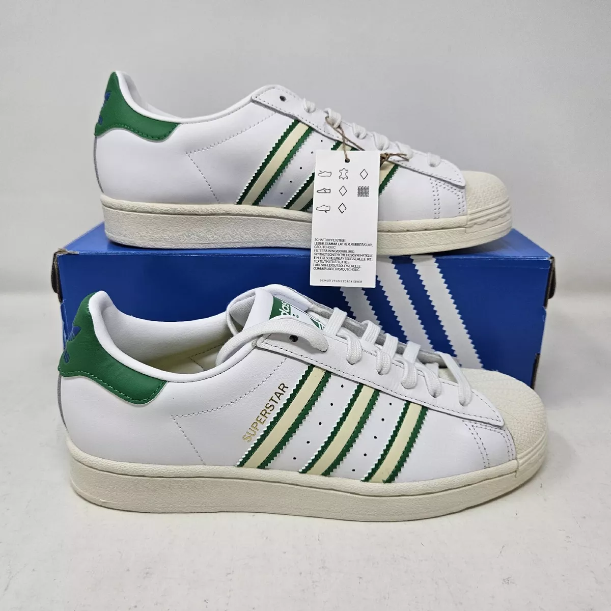 Mens Adidas Superstar Classic Shell Toe Shoe / White Green / GX9878 / Size  7.5