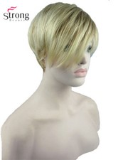 StrongBeauty Short Straight Blonde Highlighted Side Swept Bangs Synthetic Wig