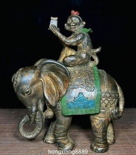 Old Chinese Bronze Painting Fengshui Zodiac Monkey Ride Elephant Animal Statue