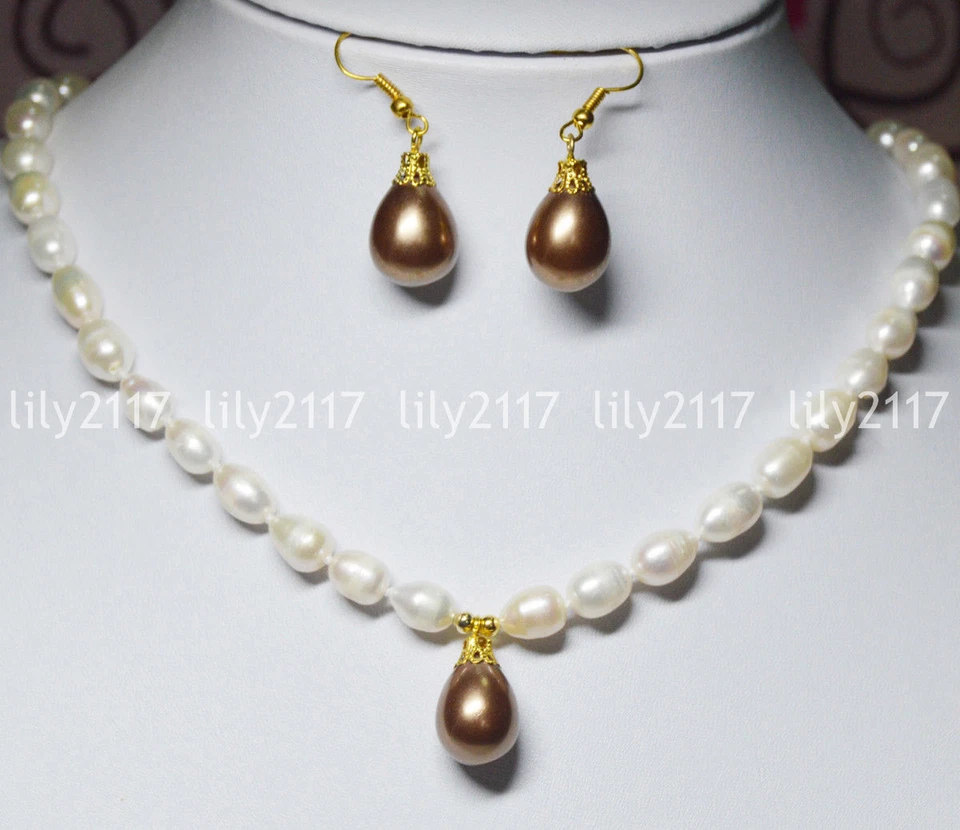 Bonito conjunto de pendientes colgantes de perlas con concha de perlas cultivadas blancas de 7-9 mm de 18"" Foto 4 de 4