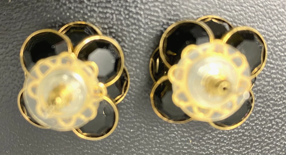 Swarovski Black Gold Bezel Crystal Flower Pierced Earrings w/ Rhinestone Center  - Image 3 of 4