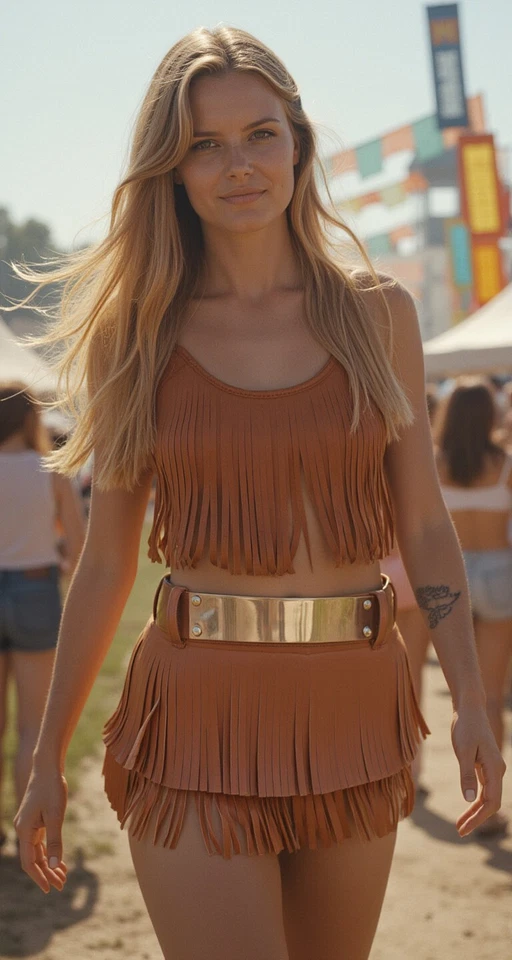 Mujeres Marrón Imitación Cuero Falda Corbata Flecos Playa Piscina Fiesta Cinturón Metal Dorado S M Foto 4 de 4