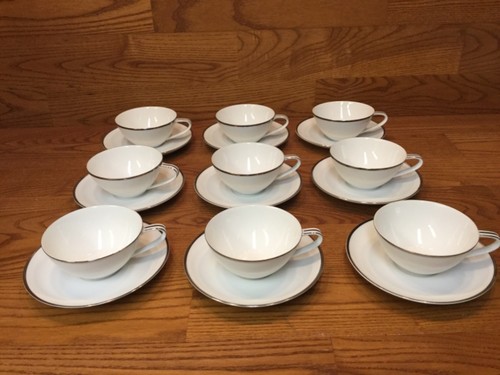 Vtg. Noritake 5594 SILVERDALE Cups and Saucers (9 Sets) White w/Platinum Trim - 第 1/5 張圖片