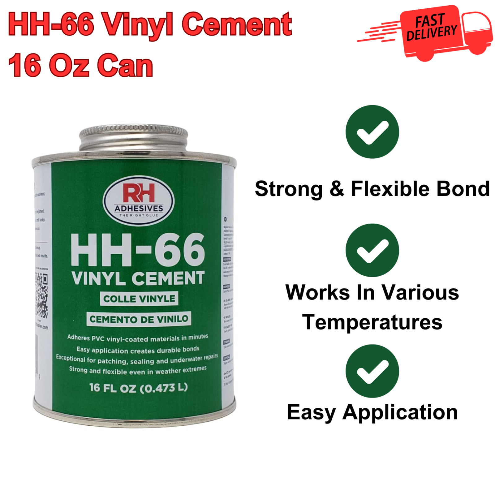 HH-66 Vinyl Cement, 16 Ounce Can, Waterproof Adhesive for Vinyl Repair & Bonding