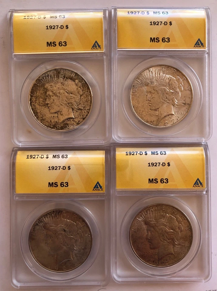 Dólar de plata de la paz 1927-D ANACS MS-63 juego de 4 monedas Cert200-204 oferta que no te puedes perder Foto 4 de 4
