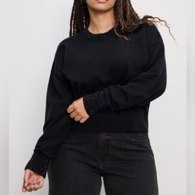 Good American Crystal Crew Neck Drop Shoulder Sweater in Black NWOT Size Large