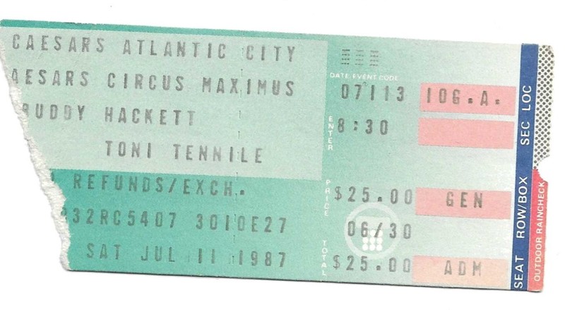 Buddy Hackett stub July 11, 1987 -- Circus Maximus -- Caesar's -- Atlantic City