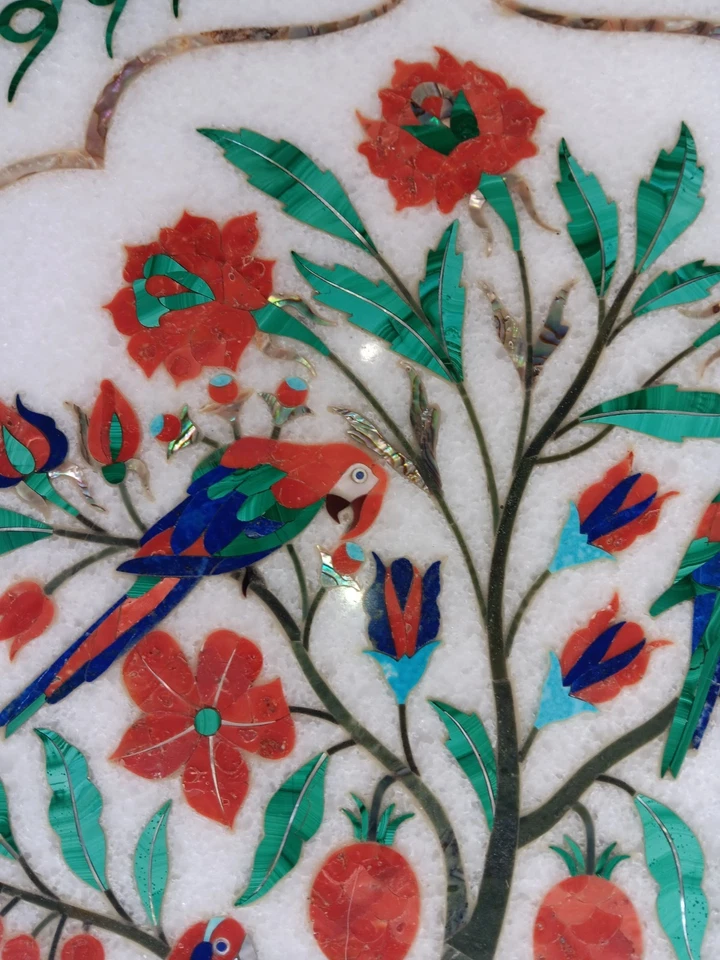 Mesa final mármol blanco 18" x 12" incrustación piedras semipreciosas elefantes pájaros Foto 2 de 4