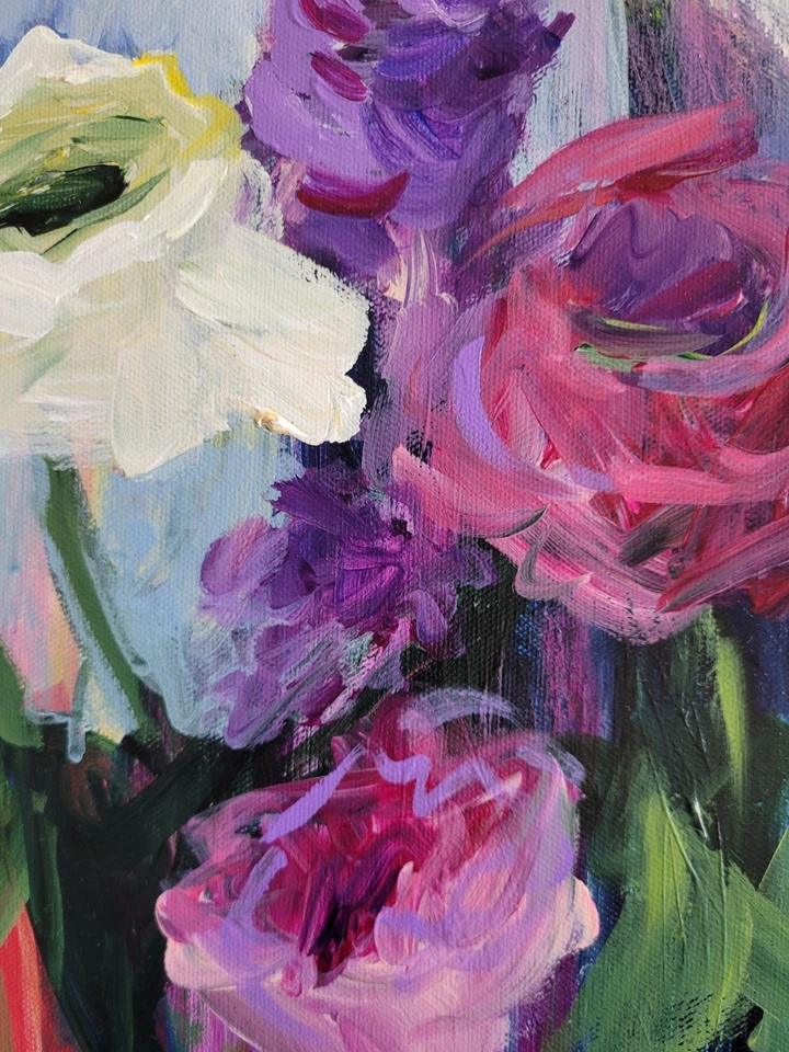 Pintura Artística Abstracta MONA VIVAR Original 24x20 Coloridas Flores Expresionismo Foto 3 de 4